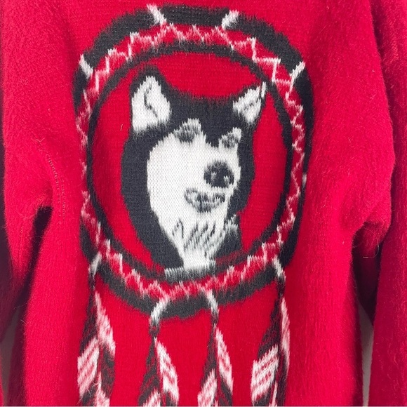 Ruminahui Wool Full Zip Sweater Mens Dream Catcher Long Sleeve Wolf Jacket Red - Picture 5 of 10